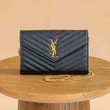 YSL Black Classic Cassandre Chain Wallet in Grain de Poudre Leather