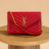 YSL Red Cassandre Wallet on Chain in Grain de Poudre Leather