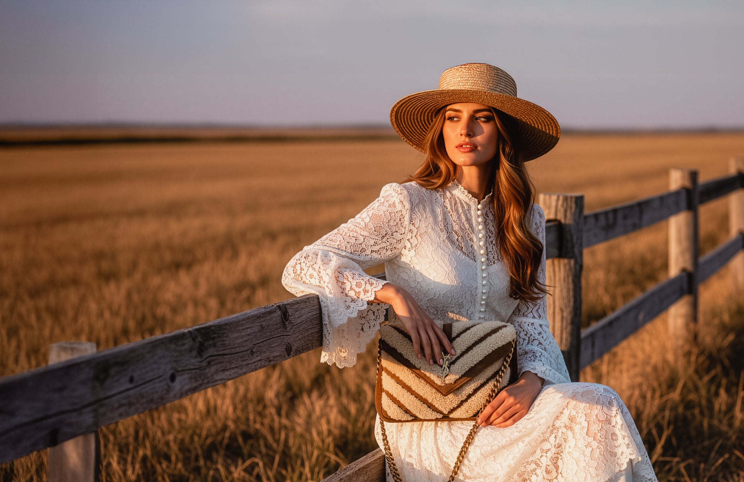 Woman in a white lace dress and straw hat leaning on a fence during golden hour with a shearling ysl bag.