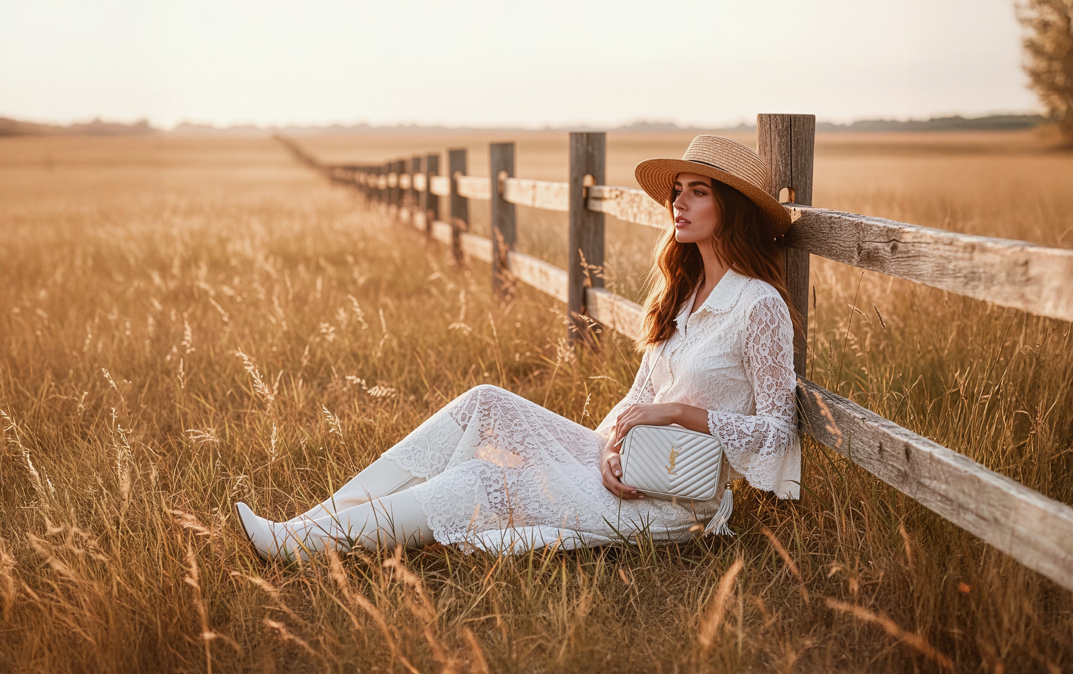 Woman in a white dress and hat sitting on a wooden fence in a field at sunset holding a ysl bag
