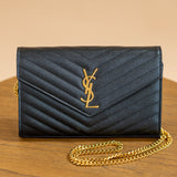 YSL Black Classic Cassandre Chain Wallet in Grain de Poudre Leather