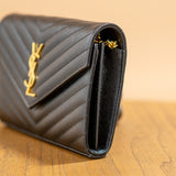 YSL Black Classic Cassandre Chain Wallet in Grain de Poudre Leather