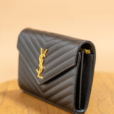 YSL Black Classic Cassandre Chain Wallet in Grain de Poudre Leather