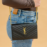 YSL Black Classic Cassandre Chain Wallet in Grain de Poudre Leather