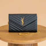 YSL Black Classic Cassandre Chain Wallet in Grain de Poudre Leather