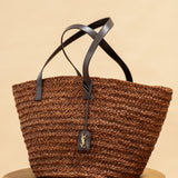 YSL Brown Woven Raffia Panier Tote