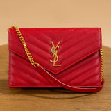 YSL Red Cassandre Wallet on Chain in Grain de Poudre Leather