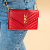 YSL Red Cassandre Wallet on Chain in Grain de Poudre Leather