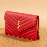 YSL Red Cassandre Wallet on Chain in Grain de Poudre Leather