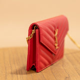 YSL Red Cassandre Wallet on Chain in Grain de Poudre Leather